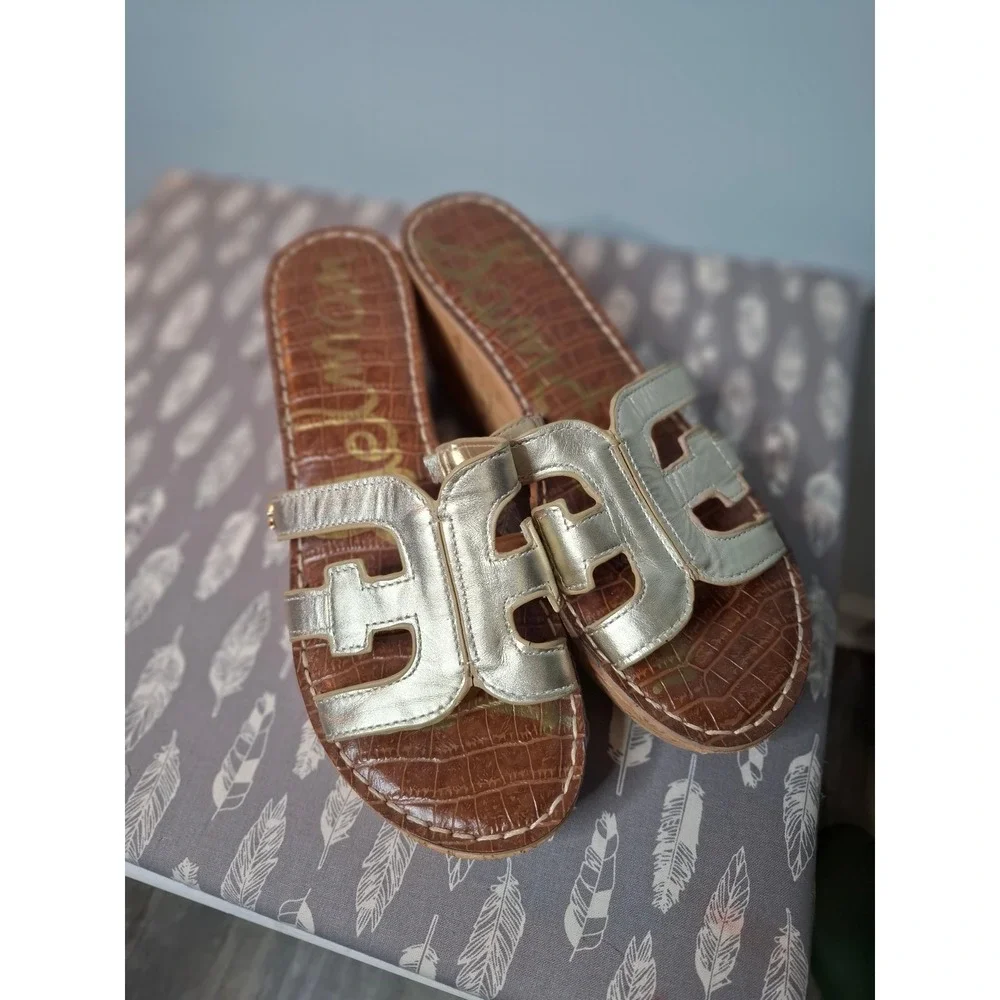 Sam Edelman Metallic Gold Logo Wedge Sandals Cork Platform Slides Size 8